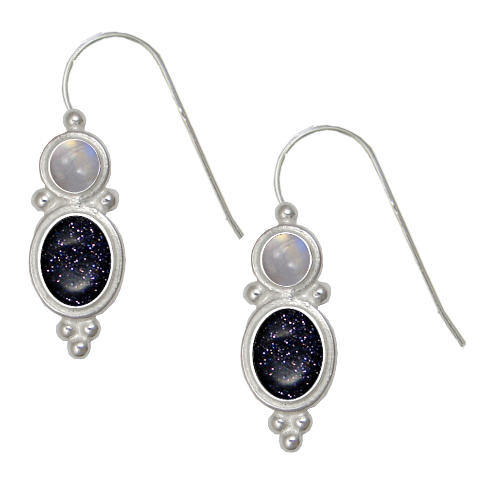 Sterling Silver Drop Dangle Earrings With Blue Goldstone And Rainbow Moonstone